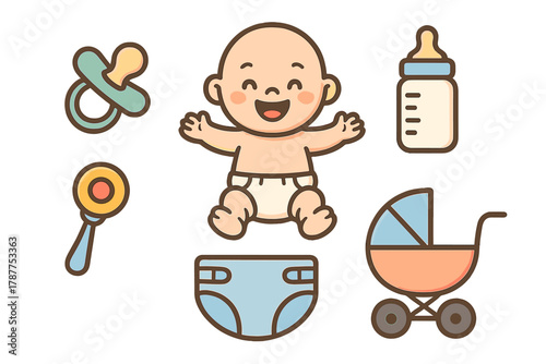 Collection of essential items for happy baby care and newborn needs