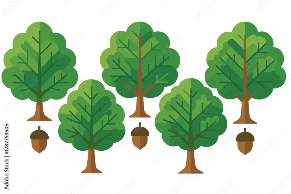 Fototapeta premium Stylized oak trees and acorns in various sizes for nature design