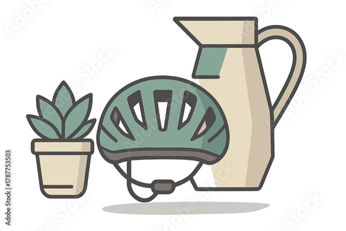 Potted succulent plant bicycle helmet and ceramic pitcher arrangement