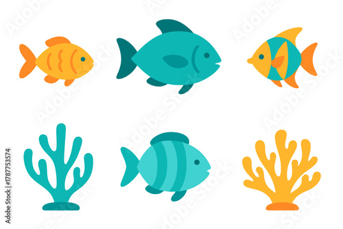 Colorful cartoon tropical fish and coral reef elements collection