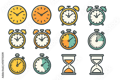 Set of various time measurement icons featuring clocks stopwatches and hourglasses
