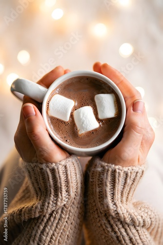 Hands holding hot chocolate with marshmallows warm drink cozy sweater and bokeh lights