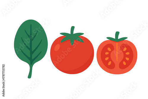 Fresh spinach leaf and whole sliced ripe tomato icons
