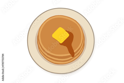 Stack of pancakes with melting butter and syrup from top view