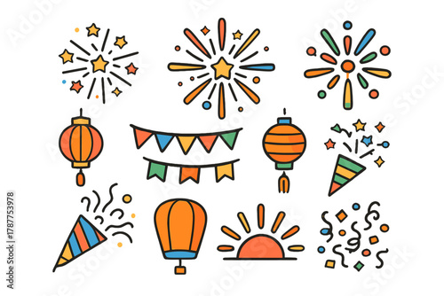 Vibrant set of celebration icons featuring fireworks lanterns and confetti shapes