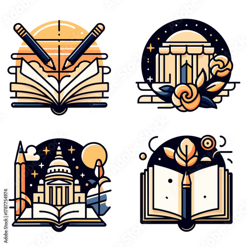 Open sketchbook with pencils and illustrations of classical architecture  