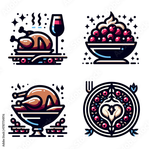 Roasted turkey with cranberry and festive garnishes on decorative plates  