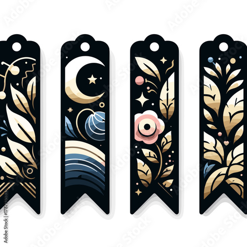 Set of Painted bookmarks with floral and celestial designs in colorful style  