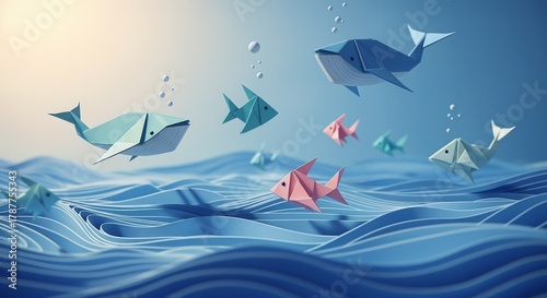 Paper Ocean – Origami Whales Swimming in Blue Paper Waves