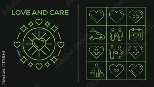 Love Care Support Health Family Relationship Outline Icons with vector illustration