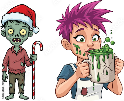 Funny cartoon zombie boy in Santa hat holding candy cane with girl drinking bubbling green slime, humorous Christmas horror art