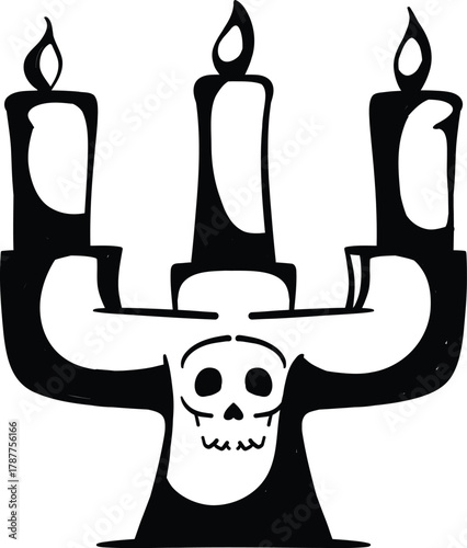 A black and white illustration of a spooky candelabra with three lit candles and a skull design at its base.