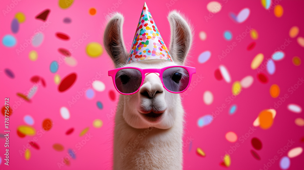 Fototapeta premium Funny llama wearing party hat and sunglasses with colorful confetti on pink background. 