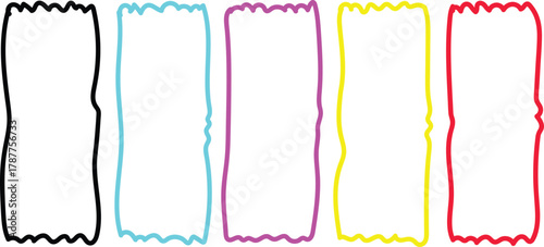 Five colorful hand drawn wavy rectangular frames on a white background