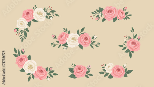 Collection of beautiful floral arrangements featuring pink and white roses with green leaves, perfect for design.