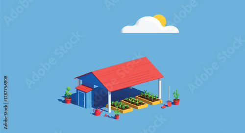 A charming 3d isometric illustration of a small blue house with a red roof, featuring a greenhouse and garden beds, set against a clear blue sky with a single cloud and sun