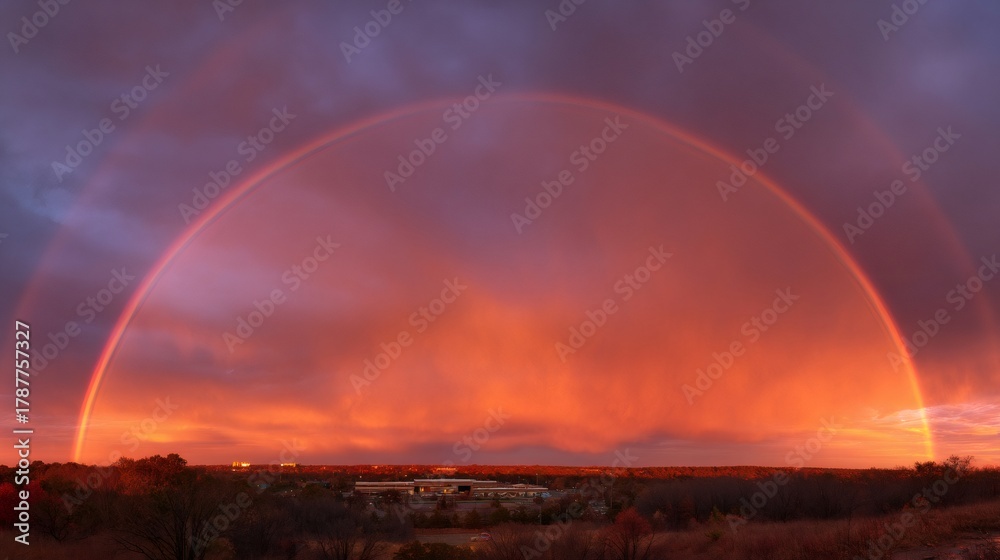 Naklejka premium Double rainbow spanning across a dramatic sunset sky over a vibrant autumn landscape with distant city buildings