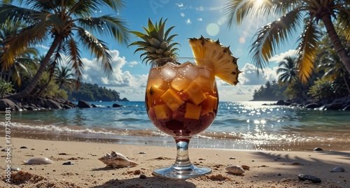 Fototapeta Naklejka Na Ścianę i Meble -  tropical beach cocktail with fresh pineapple and mango, idyllic vacation drink on white sand