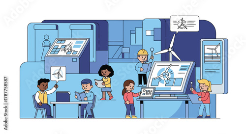 Children learning about renewable energy and wind power at an exhibition with interactive displays and models of wind turbines