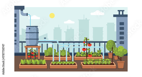 Rooftop garden with vegetables and water harvesting system in urban city