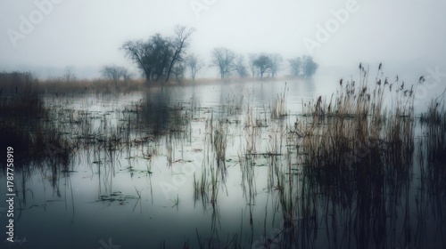 Foggy lake landscape featuring bare trees reflecting on the water surrounded by reeds and submerged aquatic plants