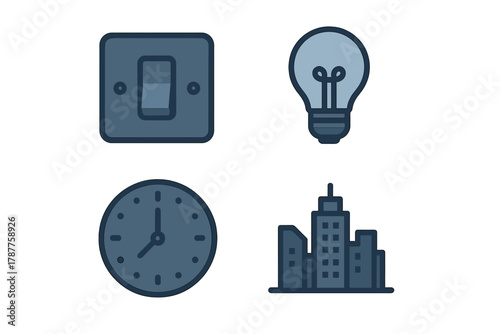 Four dark blue utility and city symbols: light switch, bulb, clock, and skyscrapers