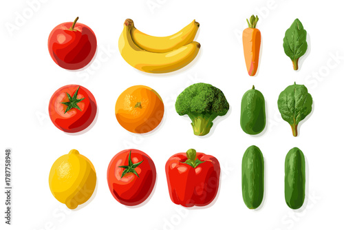 Assortment of fresh colorful fruits and vegetables isolated on white background