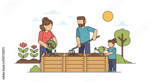 Family composting organic waste in a backyard garden, turning kitchen scraps and yard trimmings into nutrientrich soil for healthy plant growth