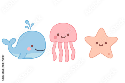 Set of cute cartoon sea creatures including whale jellyfish and starfish