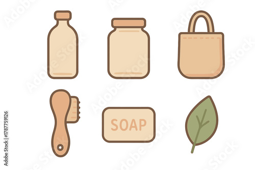Reusable natural icons for bathroom and shopping zero waste lifestyle