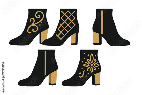 Collection of black ankle boots with gold decorative patterns and block heels