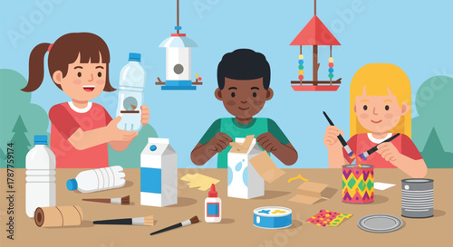 Children making bird feeders from recycled materials