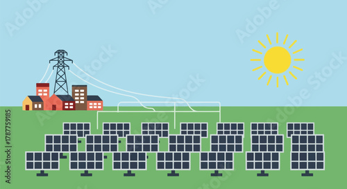 Solar power station with rows of solar panels, electricity pylon, buildings, and a bright sun in a clear blue sky