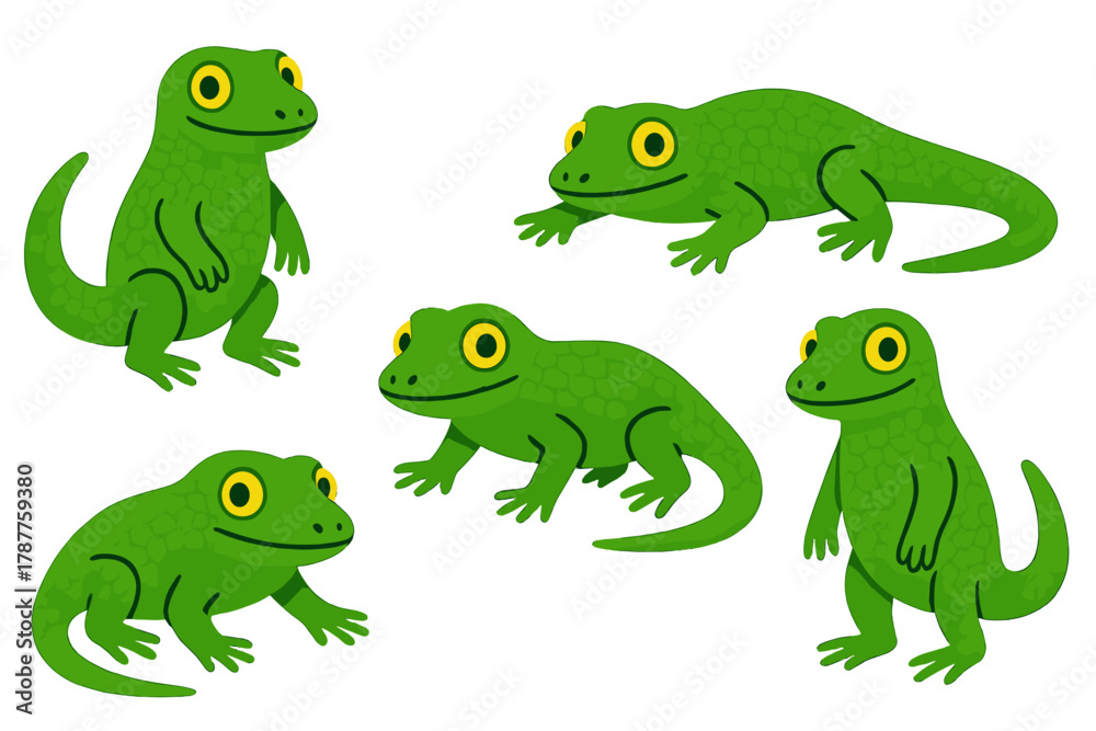 Naklejka premium Five cute green lizard and gecko characters in various poses