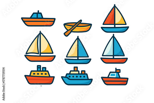 Colorful cartoon icons of various boats and sailing vessels