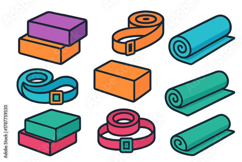 Isometric fitness equipment icons featuring yoga blocks straps and rolled mats