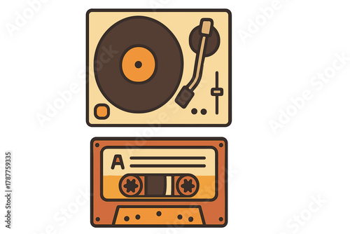 Warm colored icons of retro turntable and cassette tape