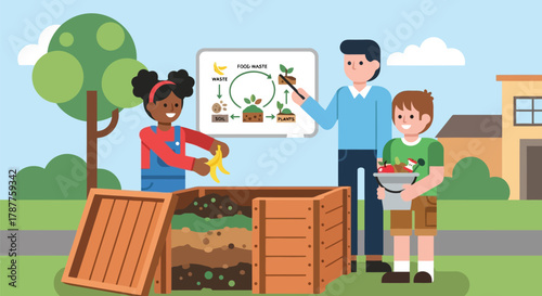 Teacher explains composting to children in an outdoor classroom setting with a diagram on a whiteboard