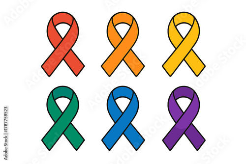 Six colorful awareness ribbons representing support and solidarity for various causes