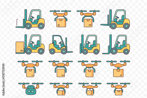 Logistics and delivery icons with forklifts and cargo drones