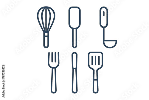 Basic cooking and baking utensil line icons set for kitchen tasks