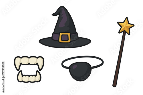 Classic Halloween costume accessories: witch hat, fangs, eyepatch, and magic wand