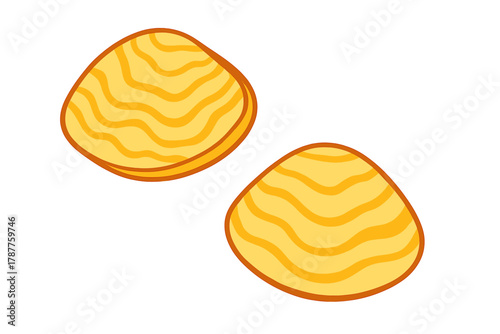 Two ridged potato chips with wavy texture isolated on white background