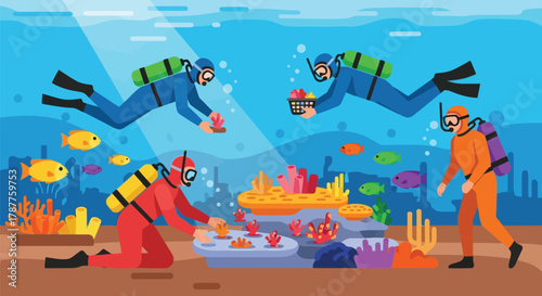 Four divers explore a vibrant coral reef teeming with colorful fish and marine life, showcasing underwater exploration and marine biology