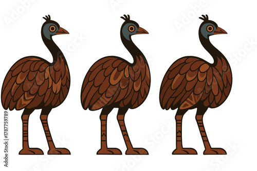 Three stylized brown flightless birds shown in profile view