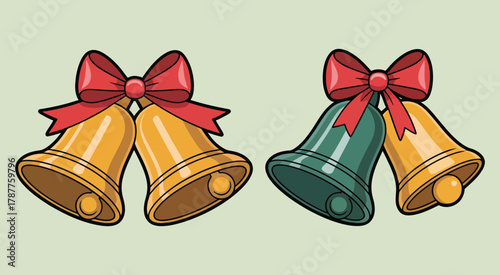 Christmas bells with red bows on white background, festive holiday decoration perfect for greeting cards
