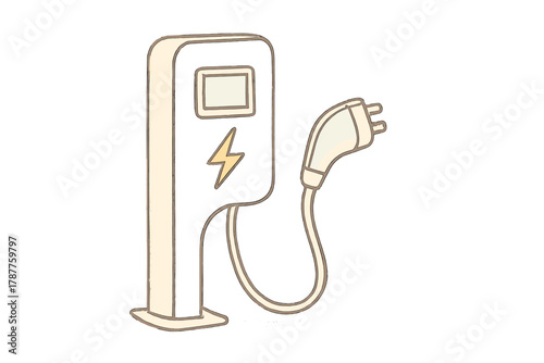 Electric vehicle charging station with connected plug and lightning bolt symbol