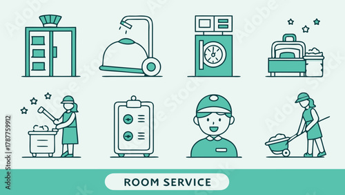 Hospitality Hotel Room Service Cleaning Vector Icons Set with vector illustration