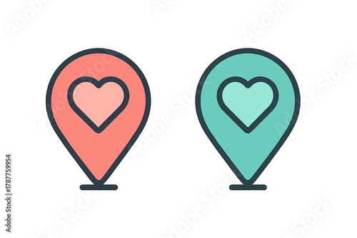 Two location pins with heart icons in coral and teal colors