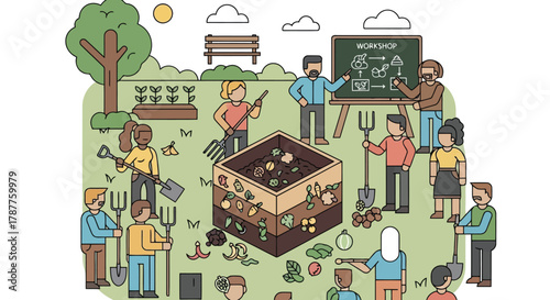 Diverse group of people learning and working together in a community garden, focusing on composting and sustainable agriculture